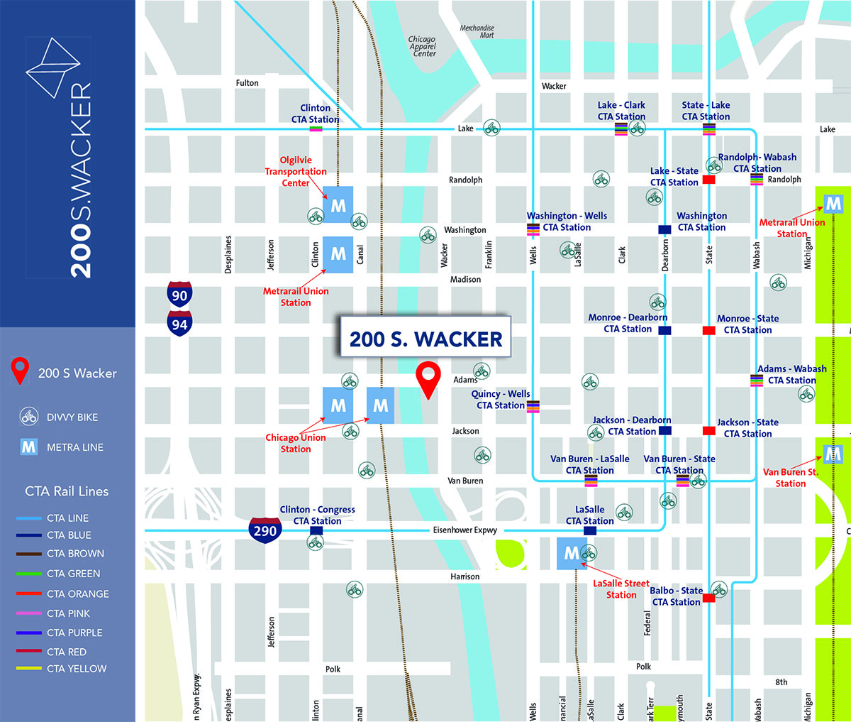 Map of Chicago Loop highlighting Nearby Transportation